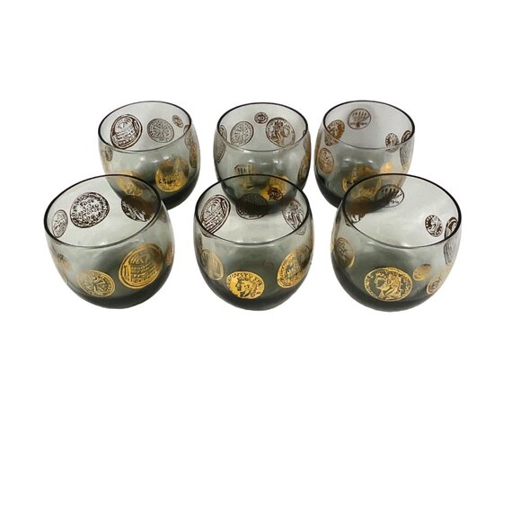 Vintage Mid-Century Lowball Glasses Set of 6 Coin Design 22K Gold Accents Smoky - Picture 7 of 10